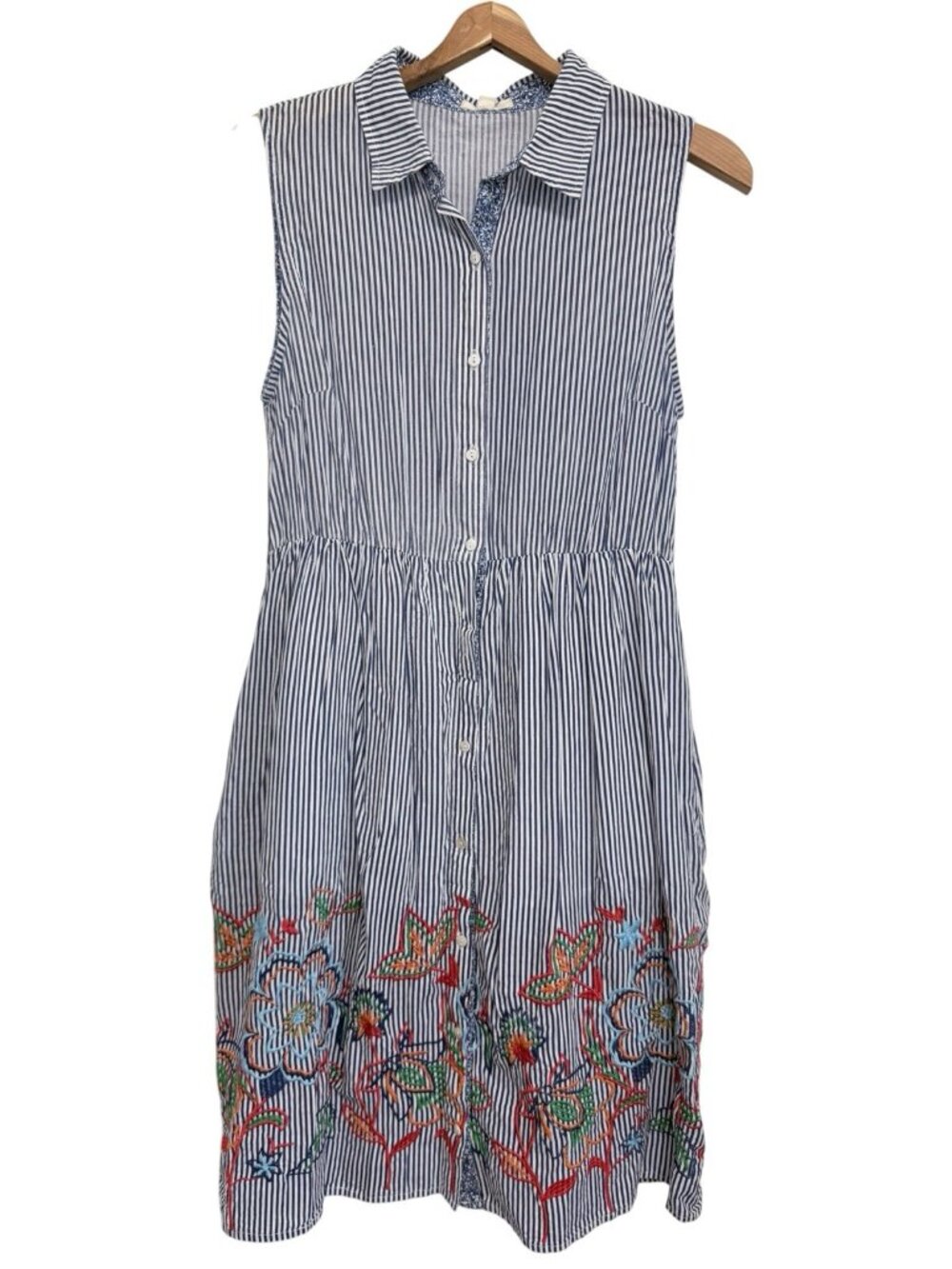 Oddy Sleeveless Button Up Dress Size M Stripe Embroidery POCKETS Cottagecore **